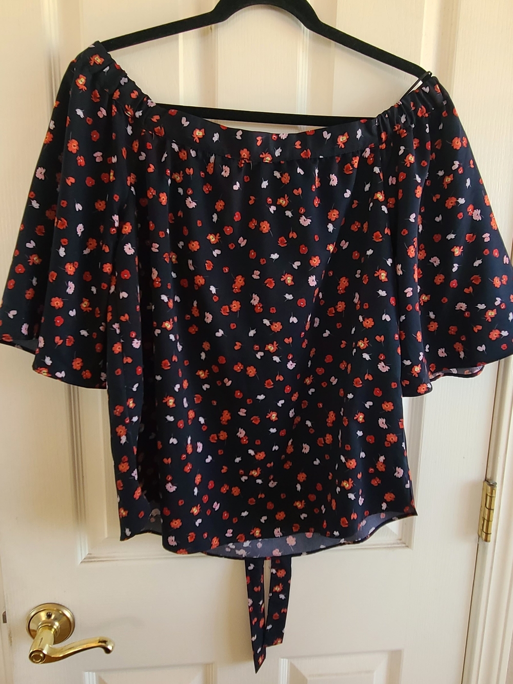 7 For All Mankind Navy Floral Off-Shoulder Blouse with Red & Pink Accents